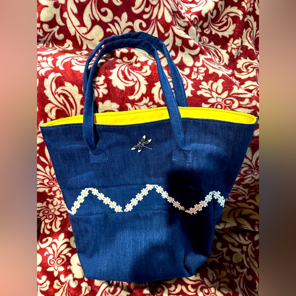 Handmade tote in denim with daisies. 17x13x7.5